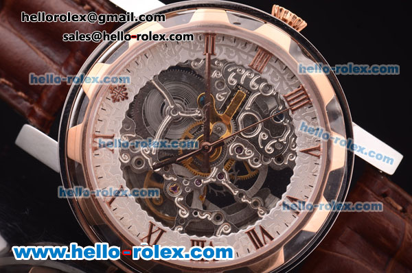 Patek Philippe Skeleton Manual Winding Movement with Black Marking and Leather Strap - Click Image to Close